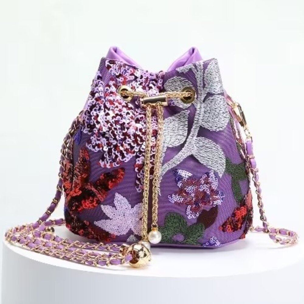 Floral Sequin Bucket Bag Gold Chain Bird Motif Crossbody